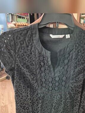 Isaac Mizrahi Black Lace Split-Neck Short Sleeve Tunic